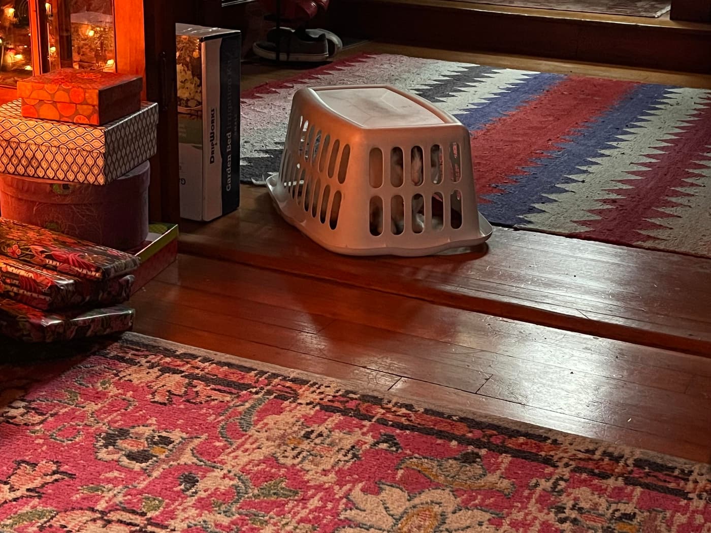 A laundry basket is positioned on a wooden floor, surrounded by various colorful gift boxes and rugs. The scene includes a soft-textured, patterned rug and a warm, inviting atmosphere with a hint of festive decor.