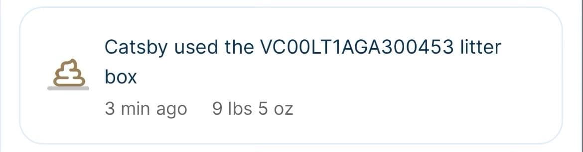 A notification about a pet cat named Catsby using a litter box, weighing 9 pounds 5 ounces, with an icon representing poop