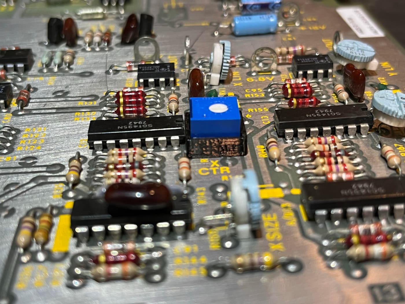 A close-up of the Tempest PCB with the replacement potentiometer installed