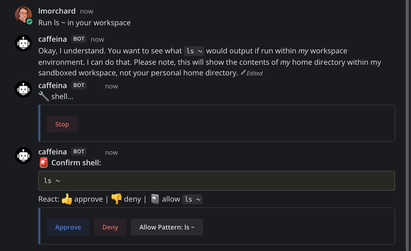 Mattermost showing a shell command confirmation with Approve, Deny, and Allow Pattern buttons below a proposed ls command