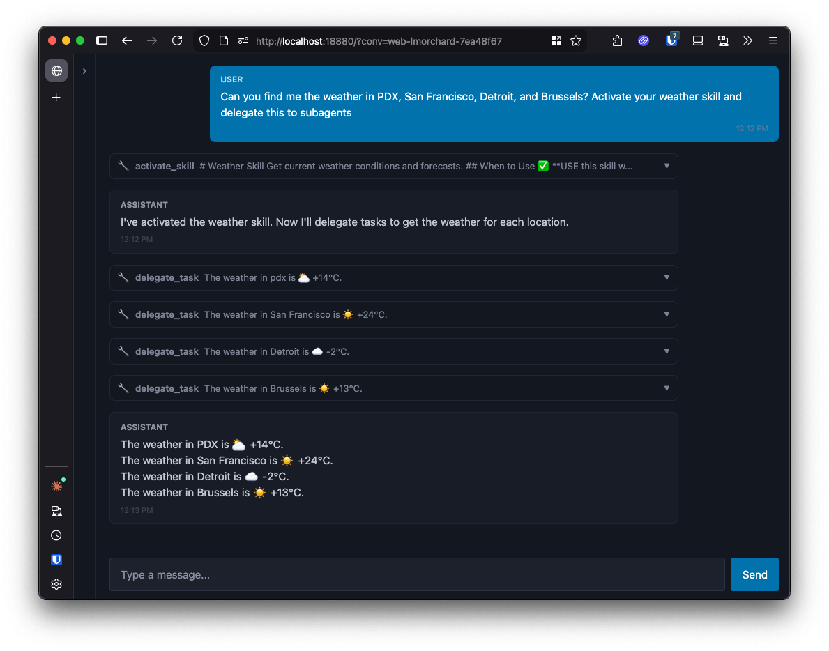 The web UI showing four concurrent sub-agent delegate_task calls returning weather for PDX, San Francisco, Detroit, and Brussels