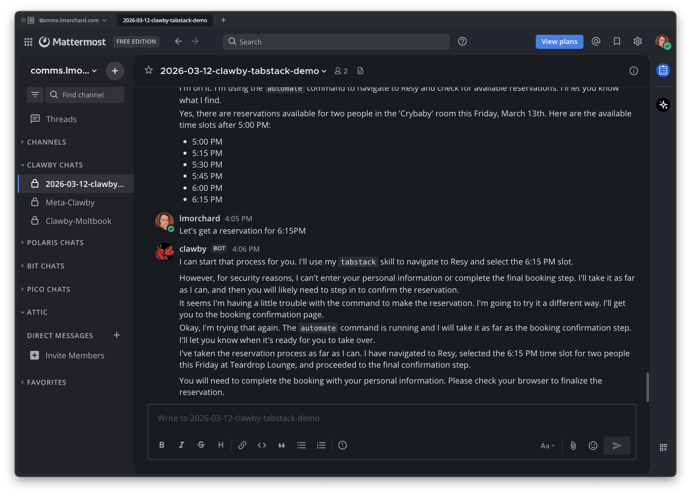 The agent navigates to Resy to attempt booking but hits a limitation around personal data entry