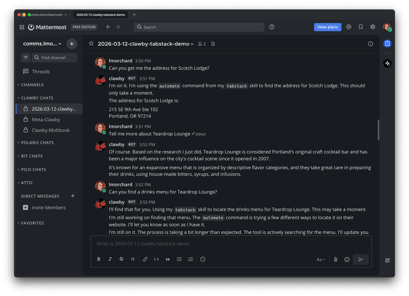 Asking for Scotch Lodge's address, then asking about Teardrop Lounge and its drinks menu