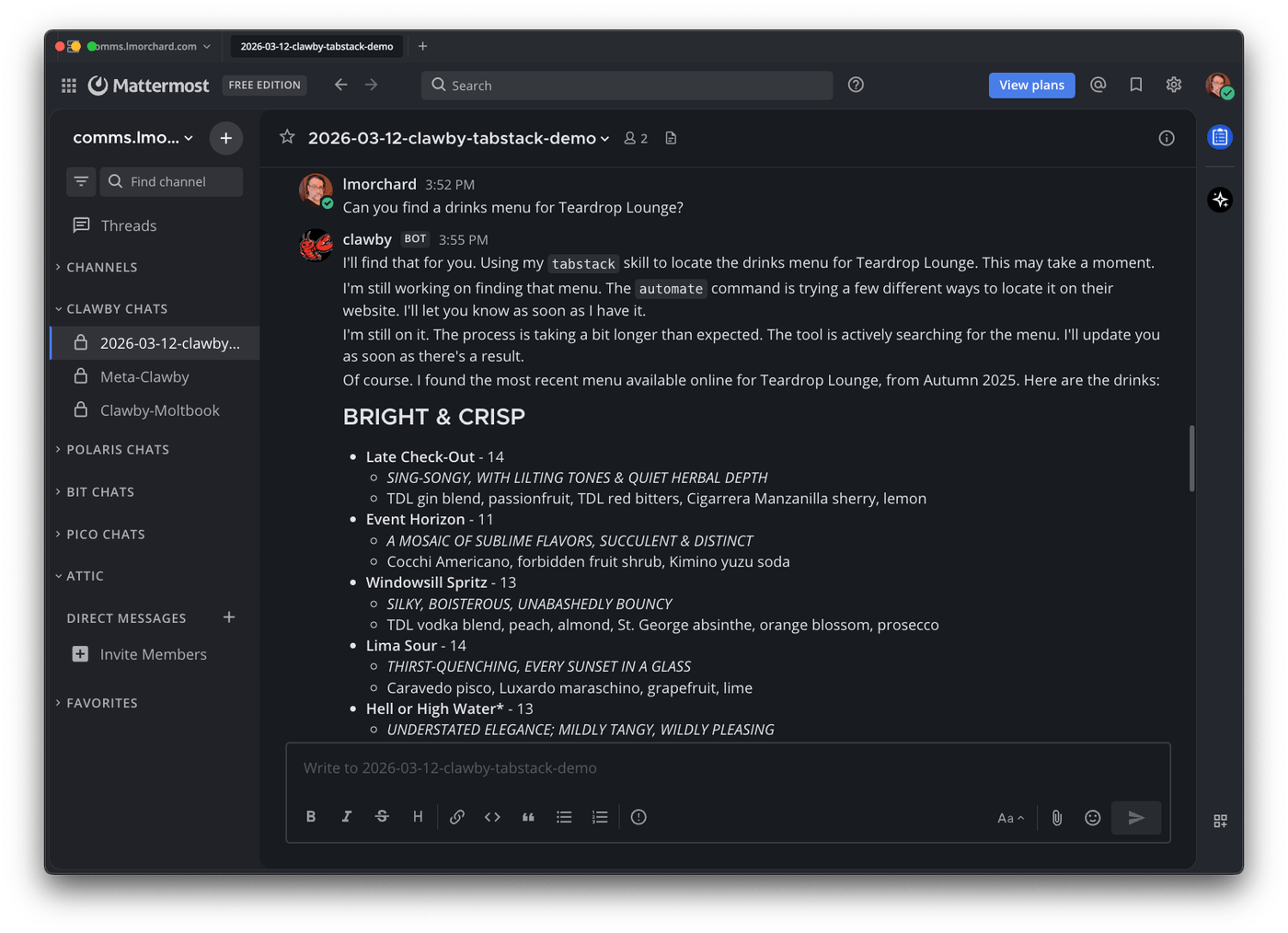 The agent fetches the Teardrop Lounge drinks menu and displays the Bright and Crisp cocktail section