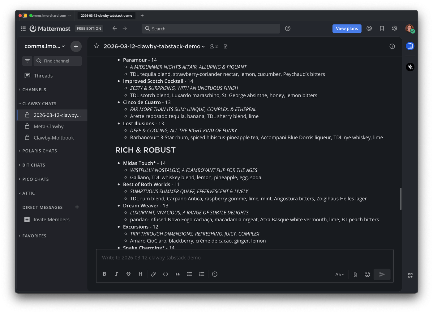More of the menu showing the Rich and Robust cocktail section
