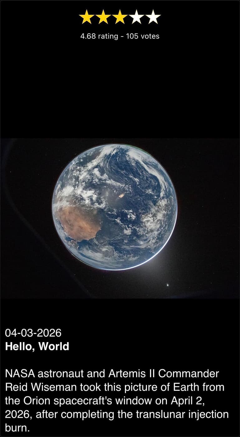 Image entitled "Hello, World" depicts Earth as seen from the Orion spacecraft, showcasing a view of the planet from space. The picture is dated April 2, 2026, and includes a starry background.