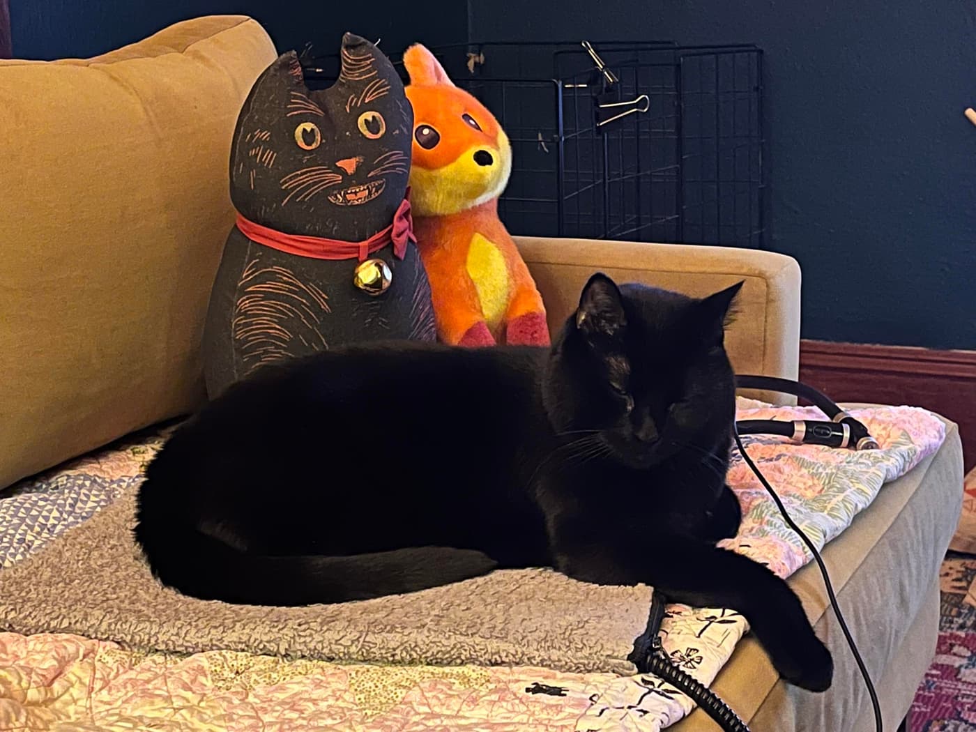 A black cat is resting on a couch, beside two plush toys: a cartoonish cat and a colorful fox. A blanket with a patchwork design covers the couch, and a cord is visible nearby.