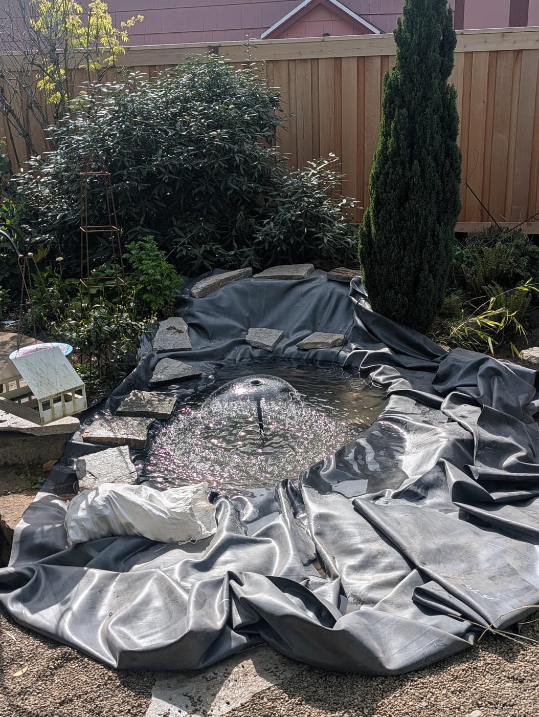 Photo of fountain in a bathtub-sized pool of water in a large sheet of EPDM rubber draped into a bathtub-sized hole dug in the dirt of a backyard