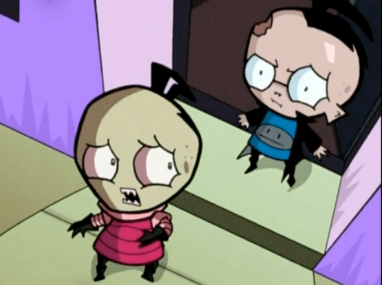 A screenshot from Invader Zim, Season 1, Episode 12: Bolognius Maximus, wherein Zim and Dib are transforming into bologna