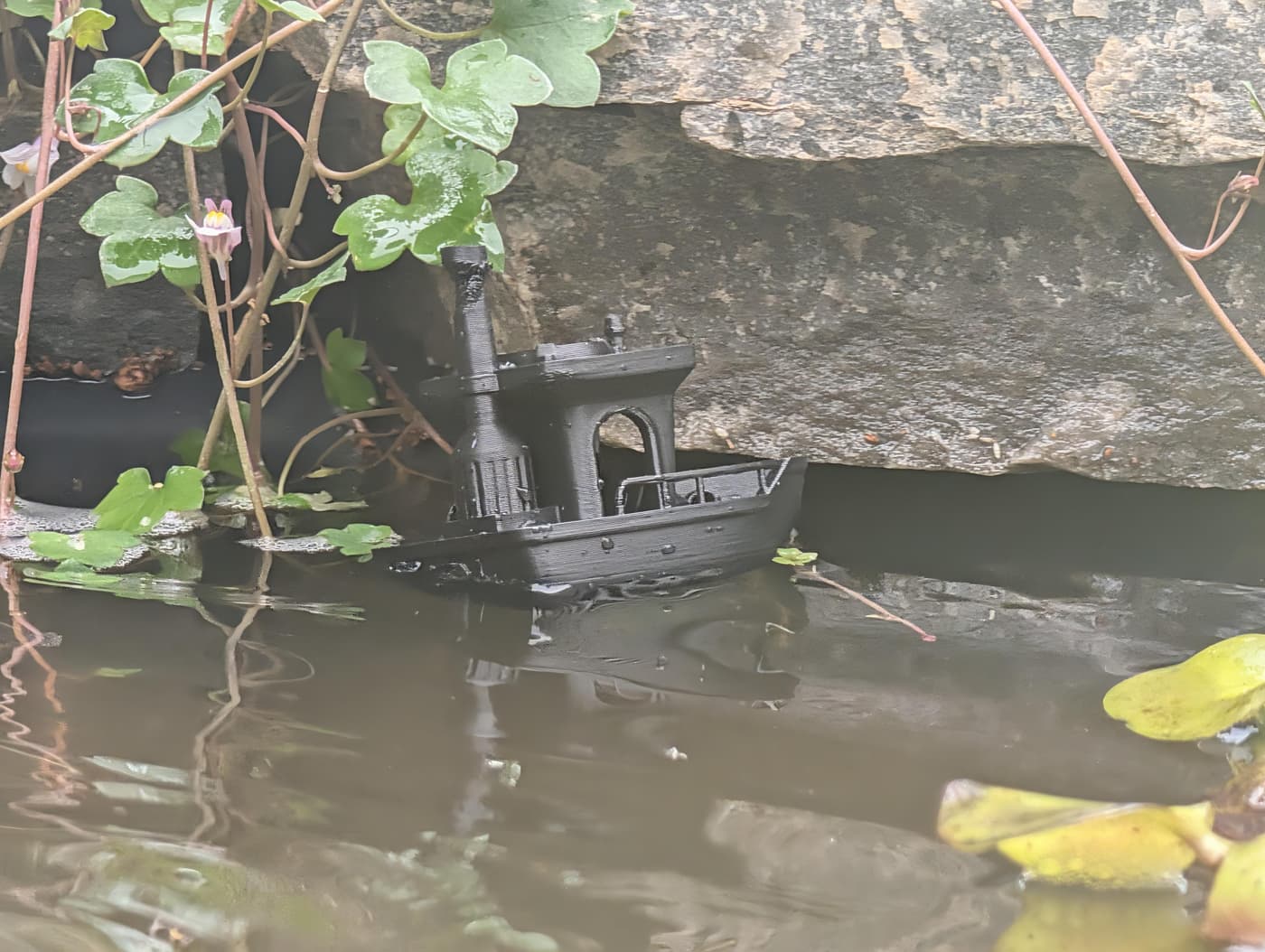 A miniature black boat floating in a murky pond among wet vines and flowers