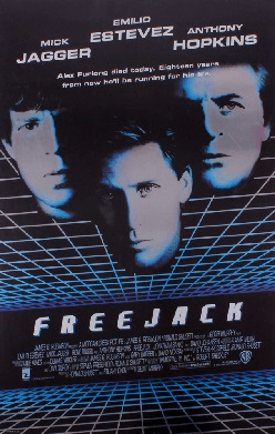 Movie poster for "Freejack" featuring the heads of Emilio Estevez, Mick Jagger, and Anthony Hopkins over a futuristic blue grid.