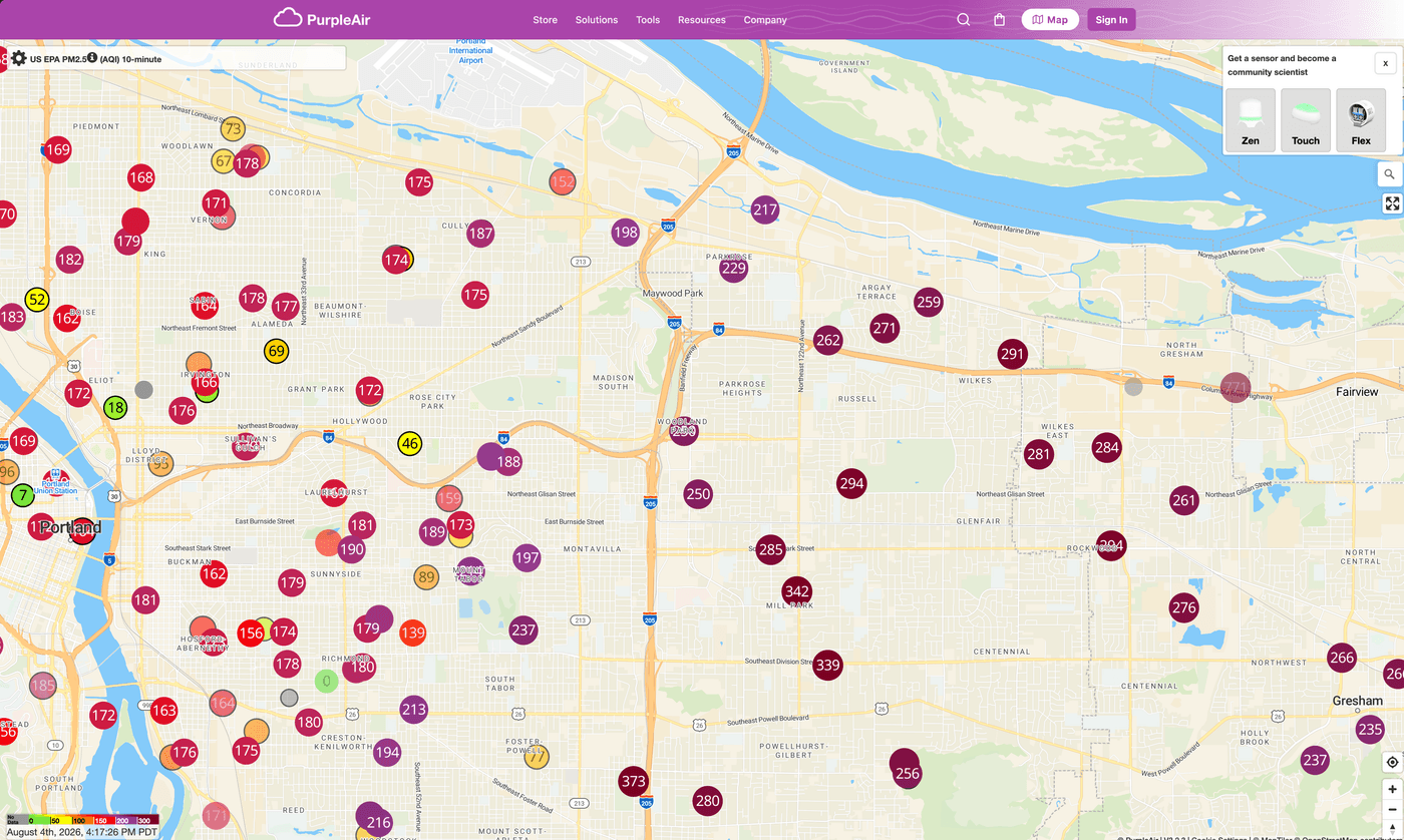 PurpleAir map of Portland showing poor air quality